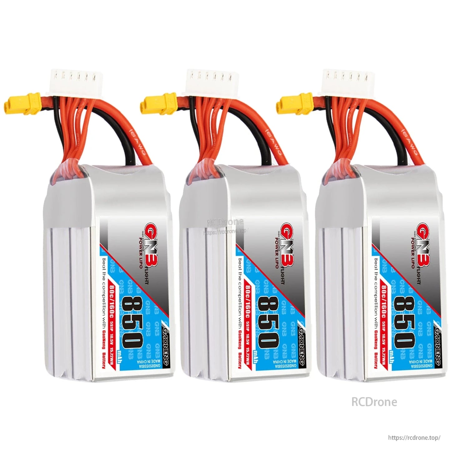 Three GNB850 5S 850mAh LiPo batteries shown together with XT30 connectors