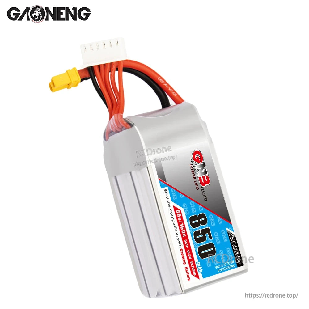 Tilted front view of GNB 850mAh 5S LiPo with XT30 and balance lead visible