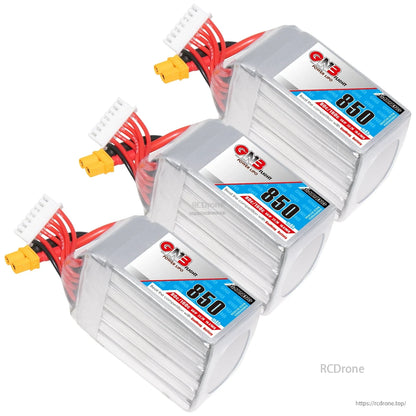 Three-pack layout of GNB850 batteries, angled top view showing XT30 leads and balance plugs