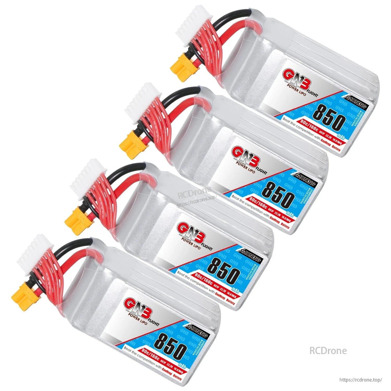 Four GNB850 batteries arranged diagonally, side view showing labels and connector leads