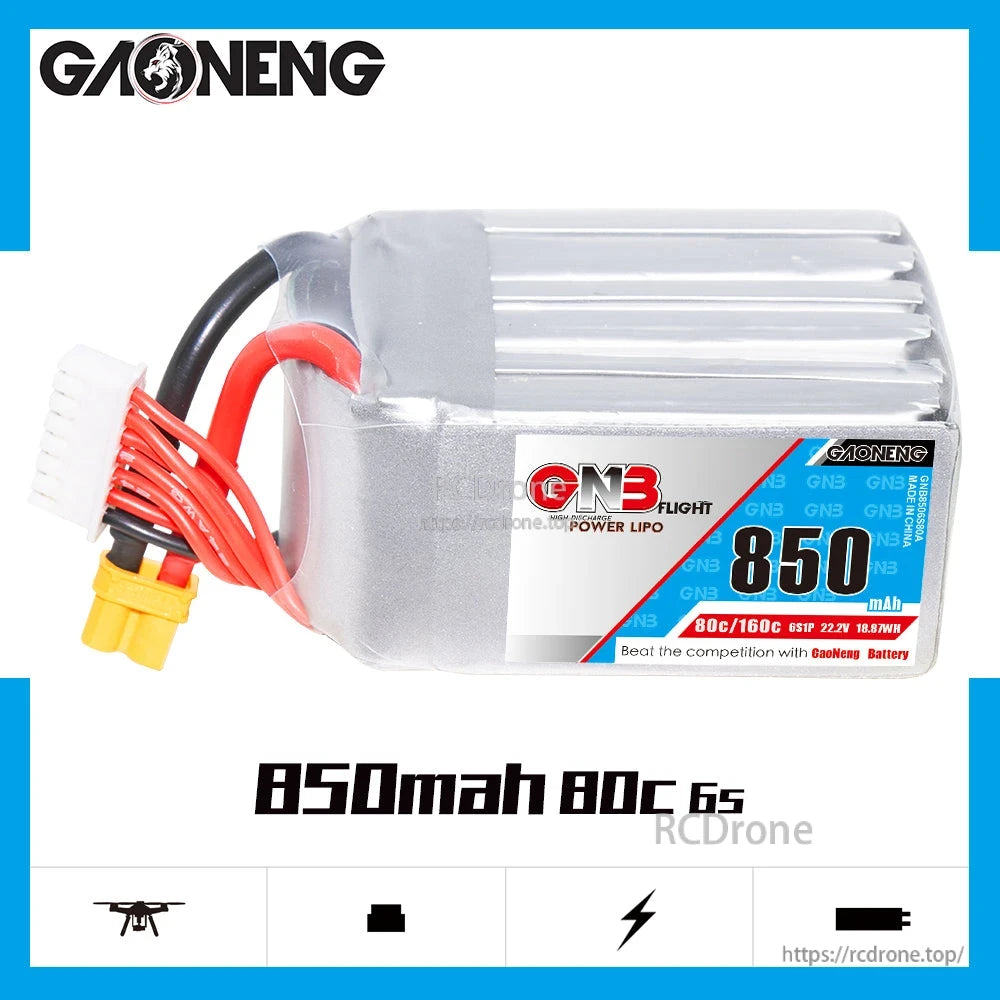 GAONENG GNB850 850mAh 80C 6S LiPo battery side profile on white spec graphic background