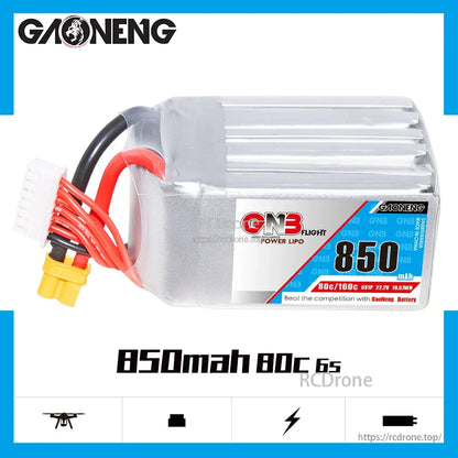 GAONENG GNB850 850mAh 80C 6S LiPo battery side profile on white spec graphic background
