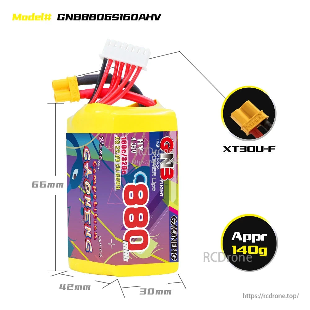 Battery dimensions diagram for GNB8806S160AHV with XT30U-F connector and approx 140g weight