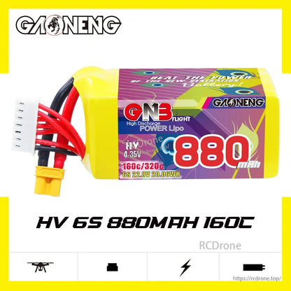 Side view of GAONENG GNB GNB8806S160AHV LiHV 6S 880mAh battery label and leads