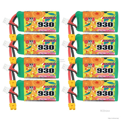 Eight GNB 930mAh batteries arranged in a grid, label side visible with XT30 connectors