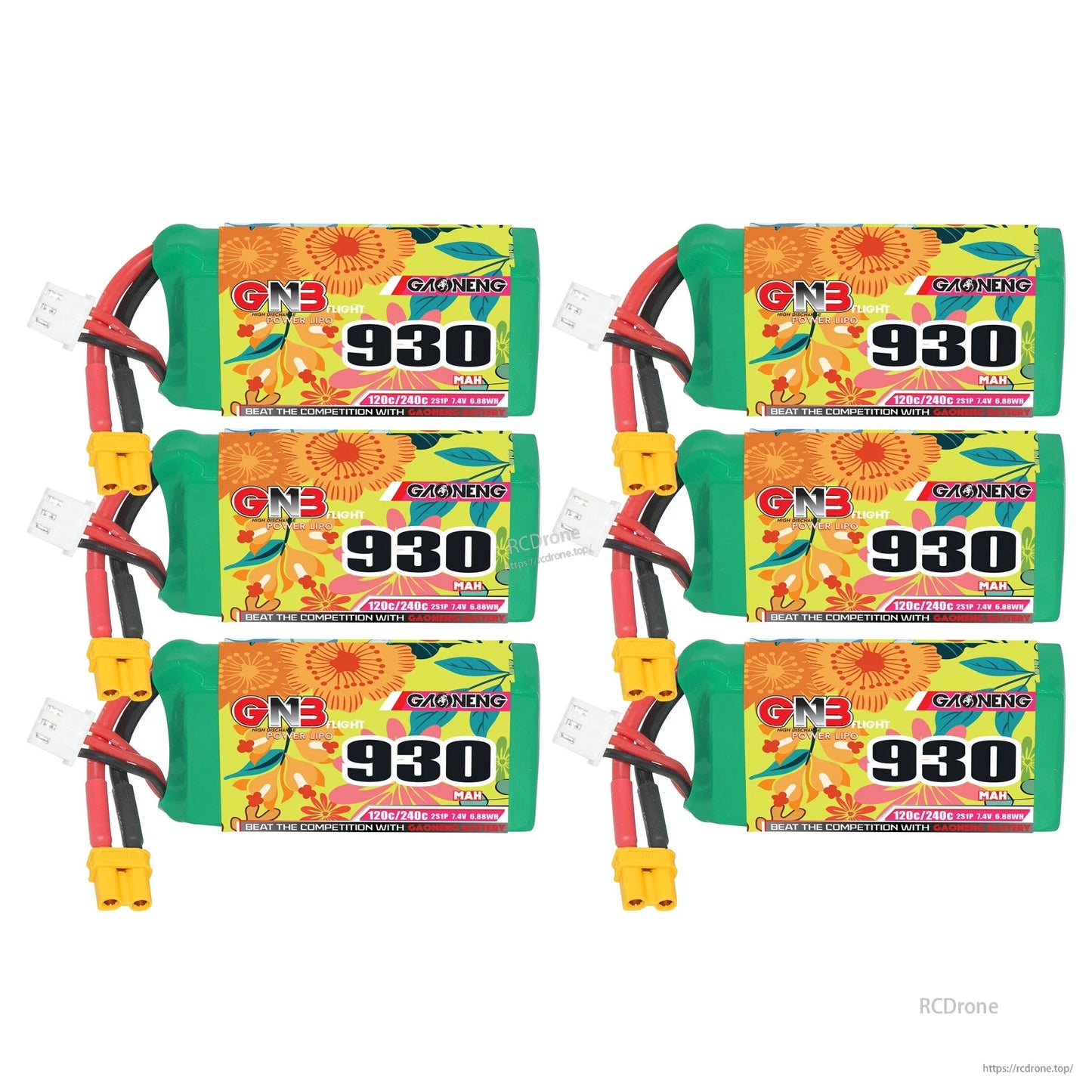 Six GNB 930mAh batteries laid out in two columns, label side visible with XT30 leads