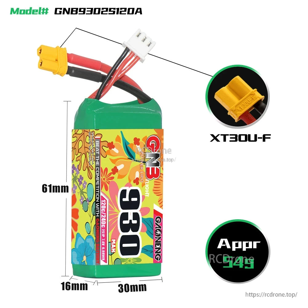GNB9302S120A battery size diagram (61×30×16mm) with XT30U-F connector close-up