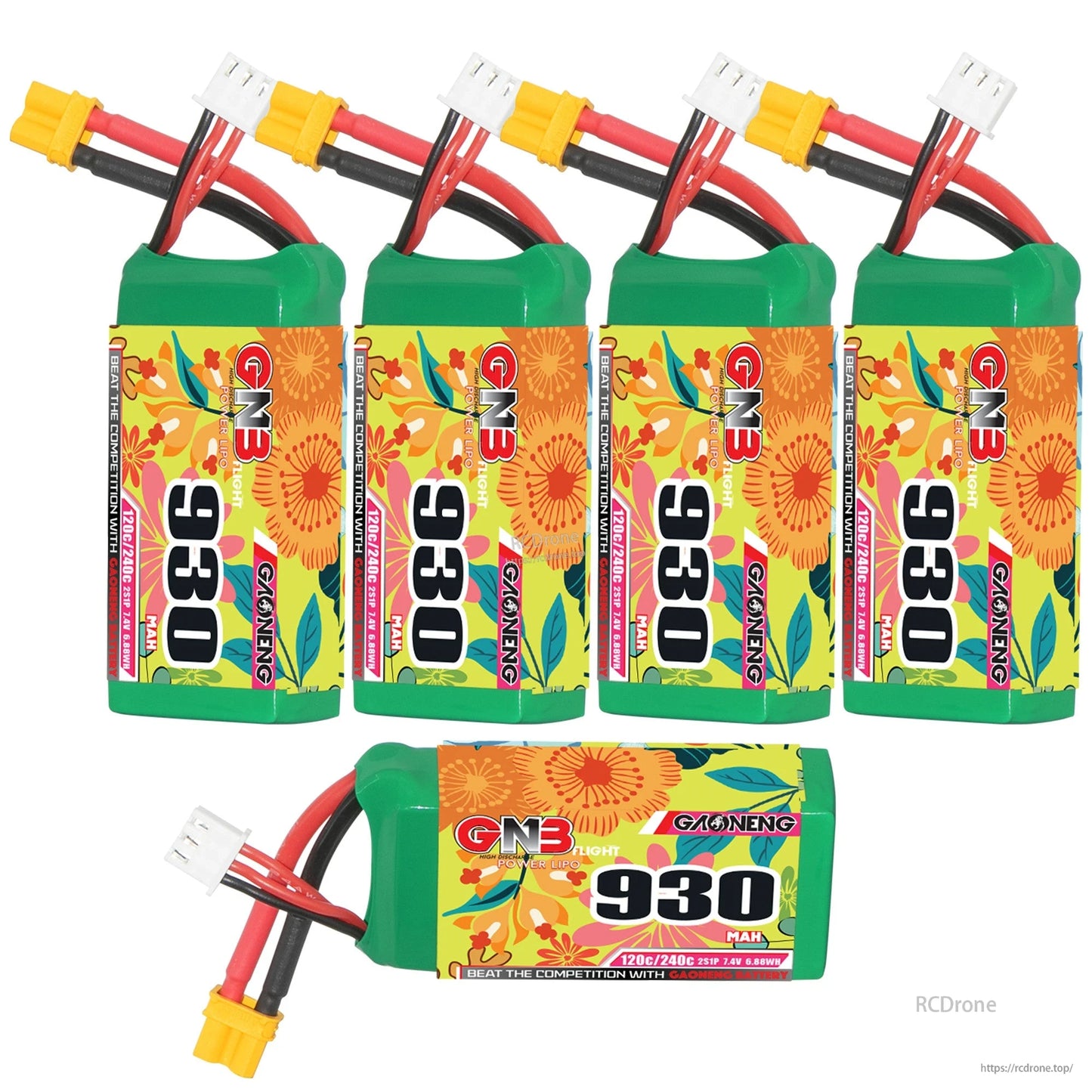 Set of five GNB 930mAh batteries shown: four upright plus one horizontal for scale