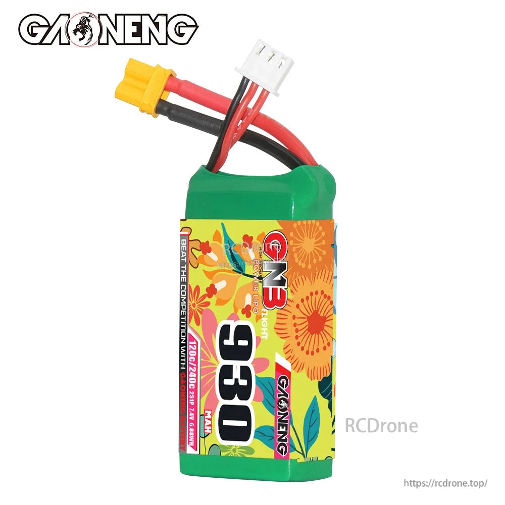 GNB 930mAh battery standing upright, label side with floral wrap and attached leads