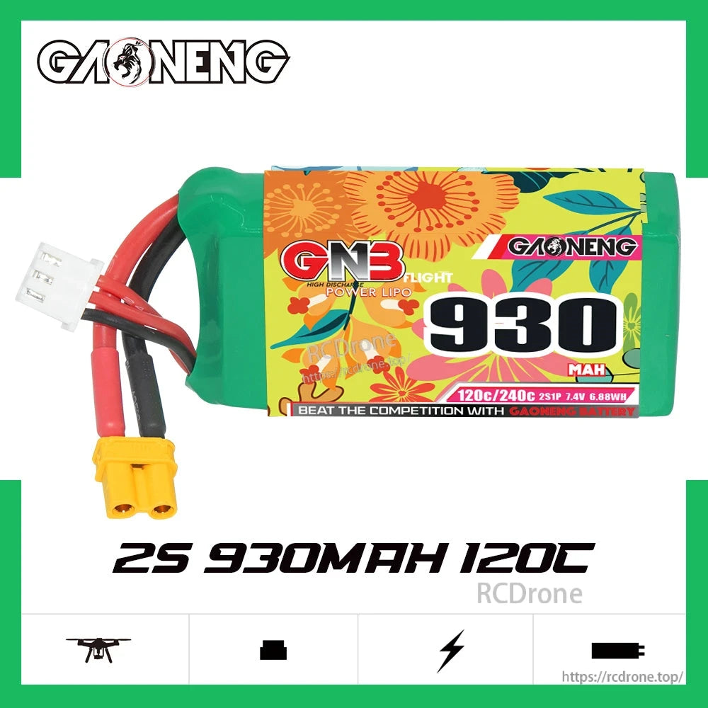 Product graphic for GAONENG GNB930 2S 930mAh 120C LiPo battery, side view on white background