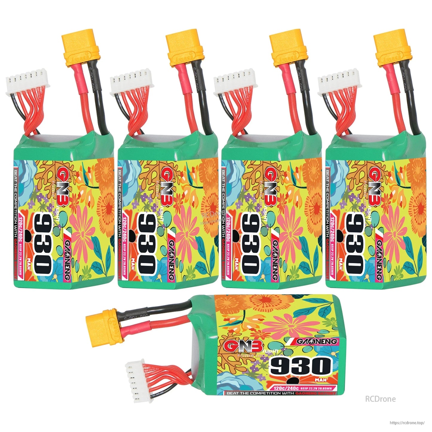 Five GNB 930mAh batteries shown, with four upright and one horizontal showing the 930 label