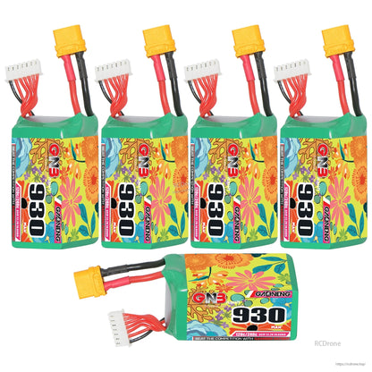 Five GNB 930mAh batteries shown, with four upright and one horizontal showing the 930 label