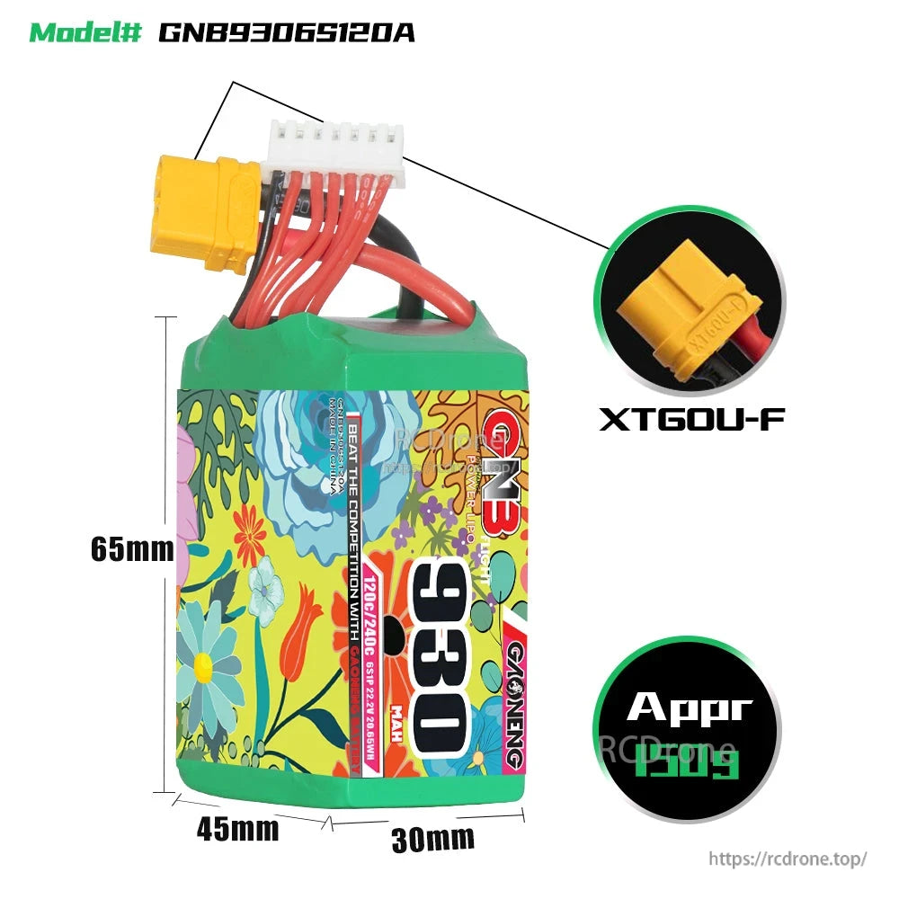 GNB9306S120A battery size diagram (65×45×30mm) with XT60U-F connector close-up