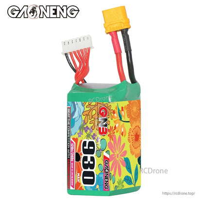 Upright view of GNB 930mAh 6S LiPo showing XT60 main plug and white balance connector leads