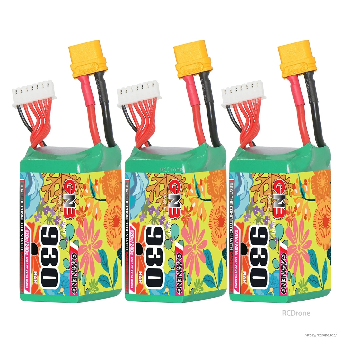 Three-pack bundle display of GNB 930mAh batteries with XT60 connectors and balance plugs