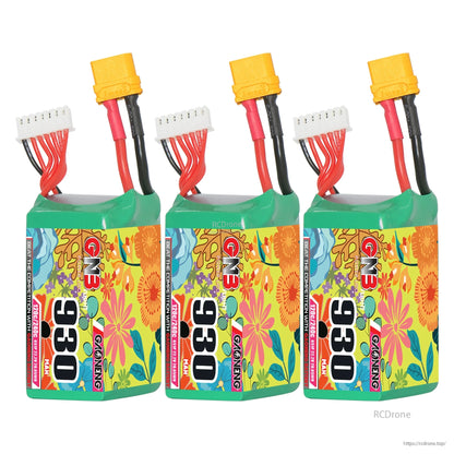Three-pack bundle display of GNB 930mAh batteries with XT60 connectors and balance plugs