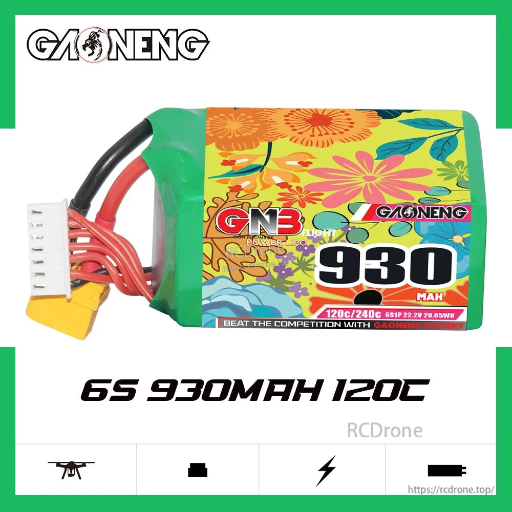 GAONENG GNB 6S 930mAh 120C LiPo battery graphic showing model label and rating
