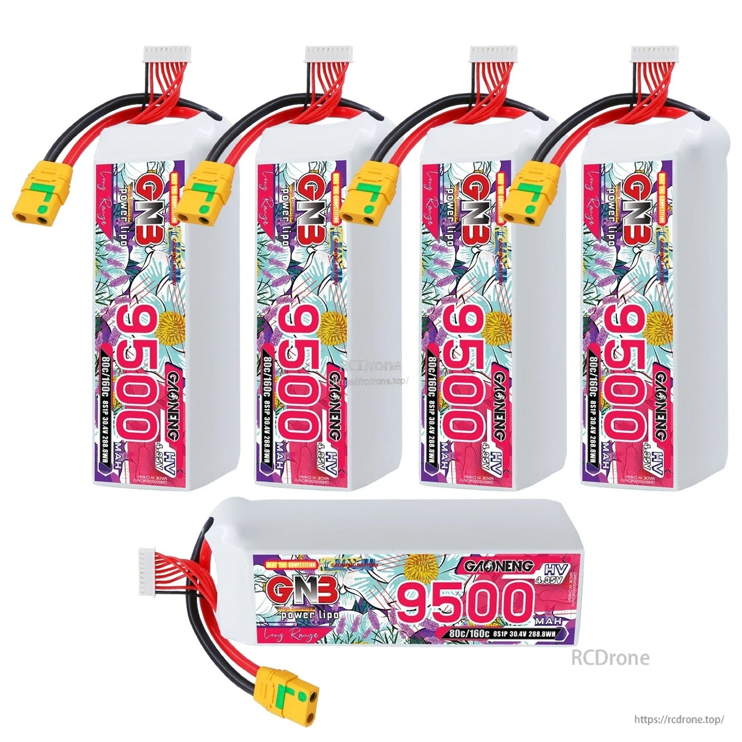 Set of four upright GNB 9500mAh 8S batteries plus one battery shown horizontally