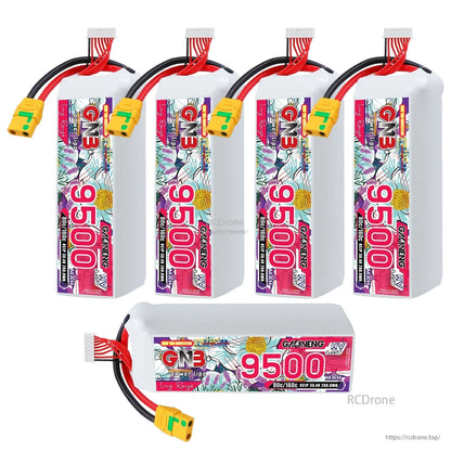 Set of four upright GNB 9500mAh 8S batteries plus one battery shown horizontally