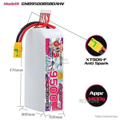 GNB95008S80AHV battery dimensions diagram with XT90S-F anti-spark connector close-up