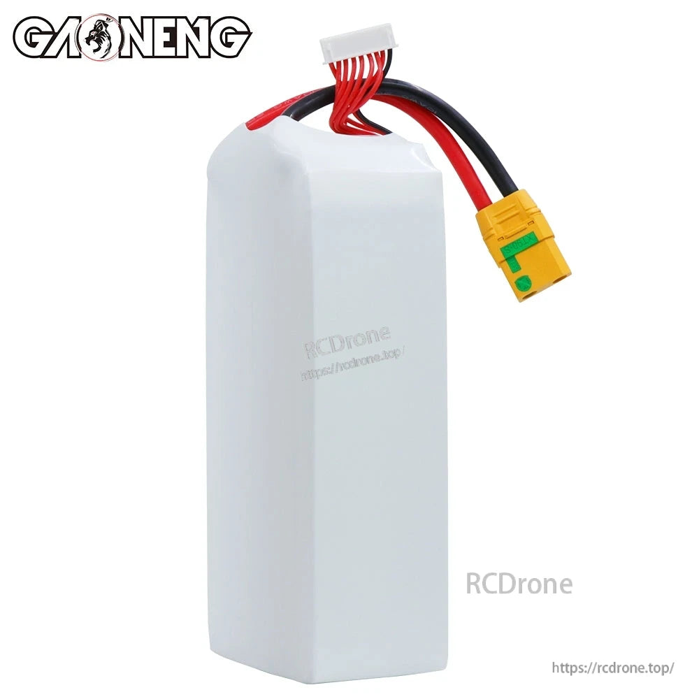 Side view of GAONENG GNB LiPo battery showing white case, balance plug, and XT90S lead
