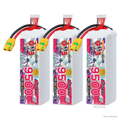 Three GNB 9500mAh HV 8S LiPo batteries shown upright with XT90S connectors