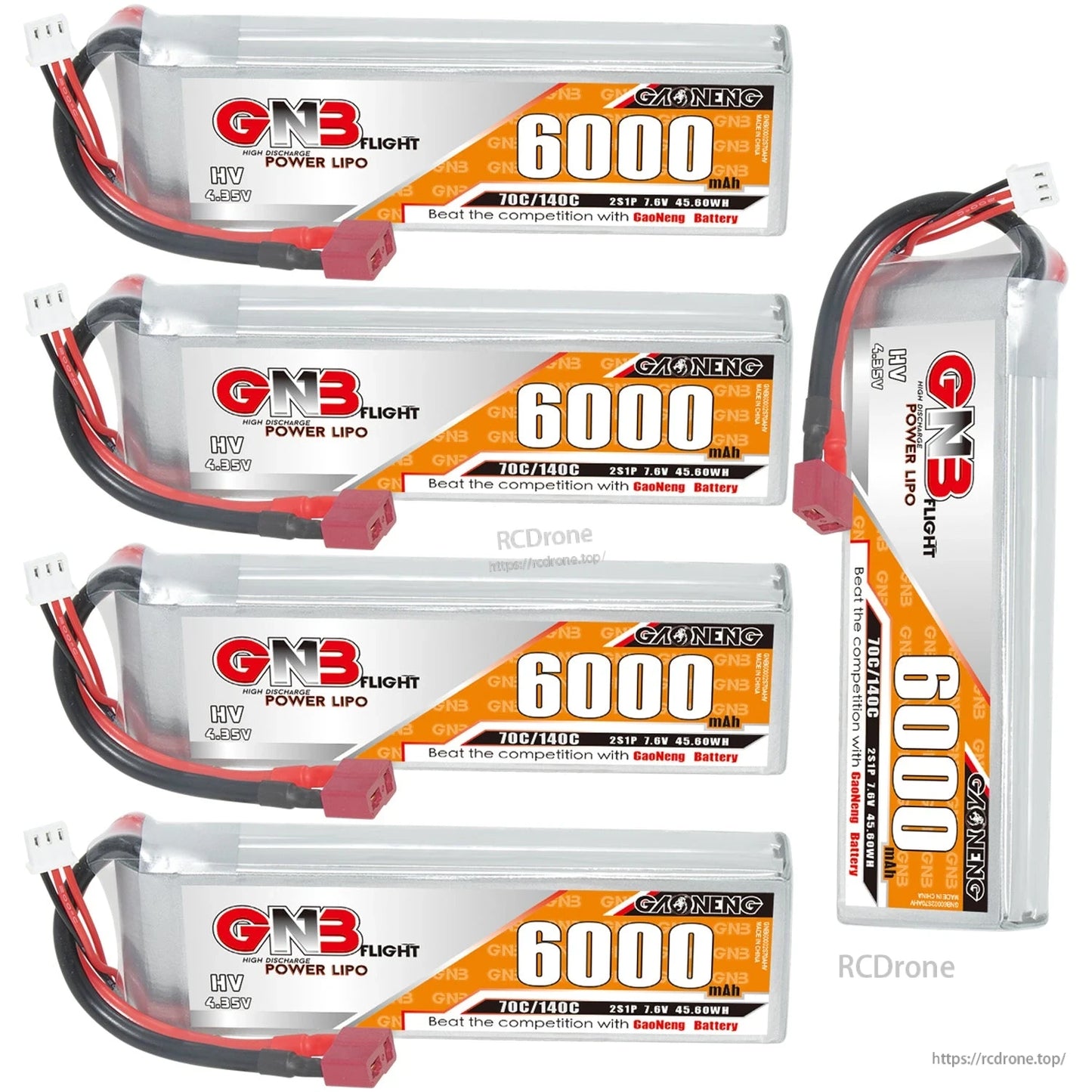 Four GNB HV 6000mAh batteries plus one standing upright to show side label and lead orientation