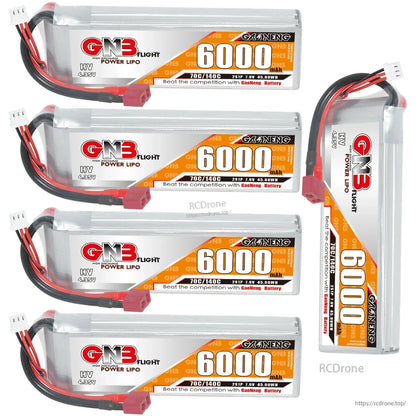 Four GNB HV 6000mAh batteries plus one standing upright to show side label and lead orientation