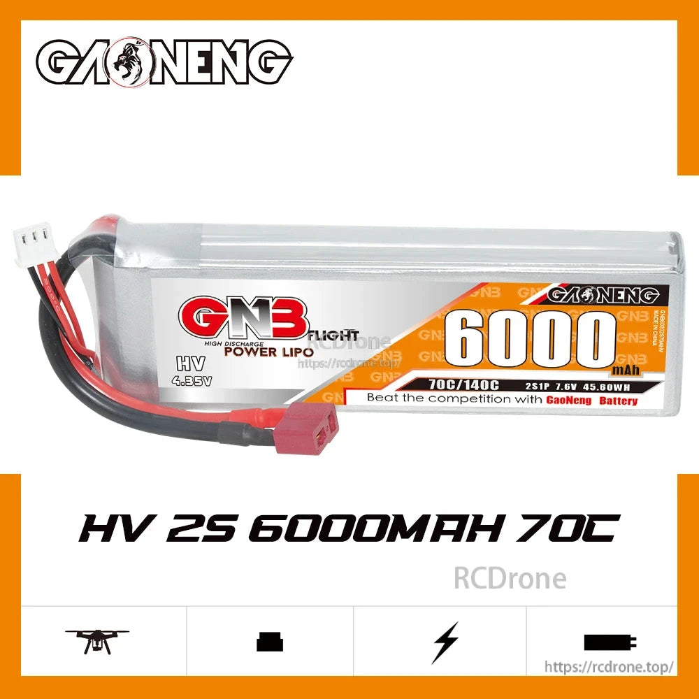 GAONENG GNB HV 2S 6000mAh 70C LiPo battery label close-up showing 7.6V and 70C/140C text