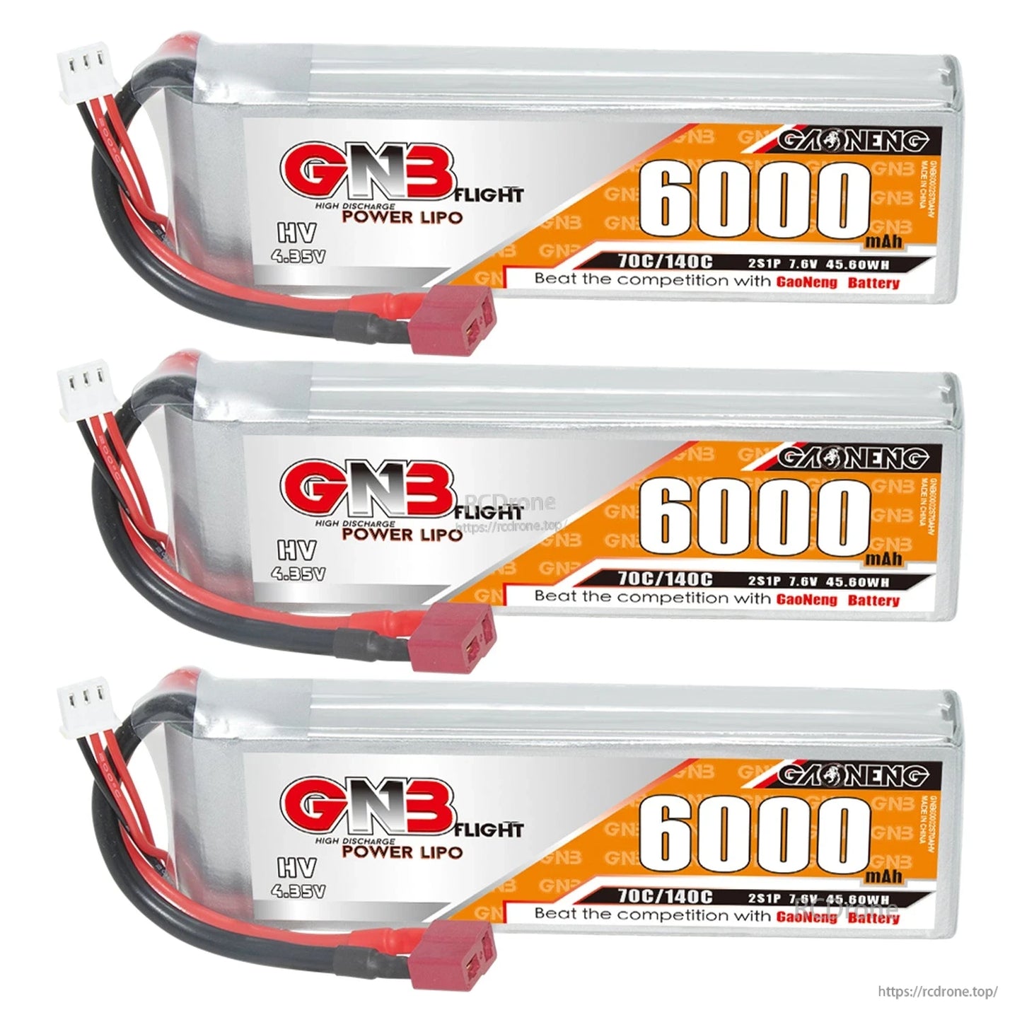 Three GNB HV 6000mAh LiPo batteries stacked, each with T-plug connector and balance lead