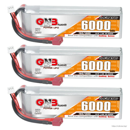 Three GNB HV 6000mAh LiPo batteries stacked, each with T-plug connector and balance lead