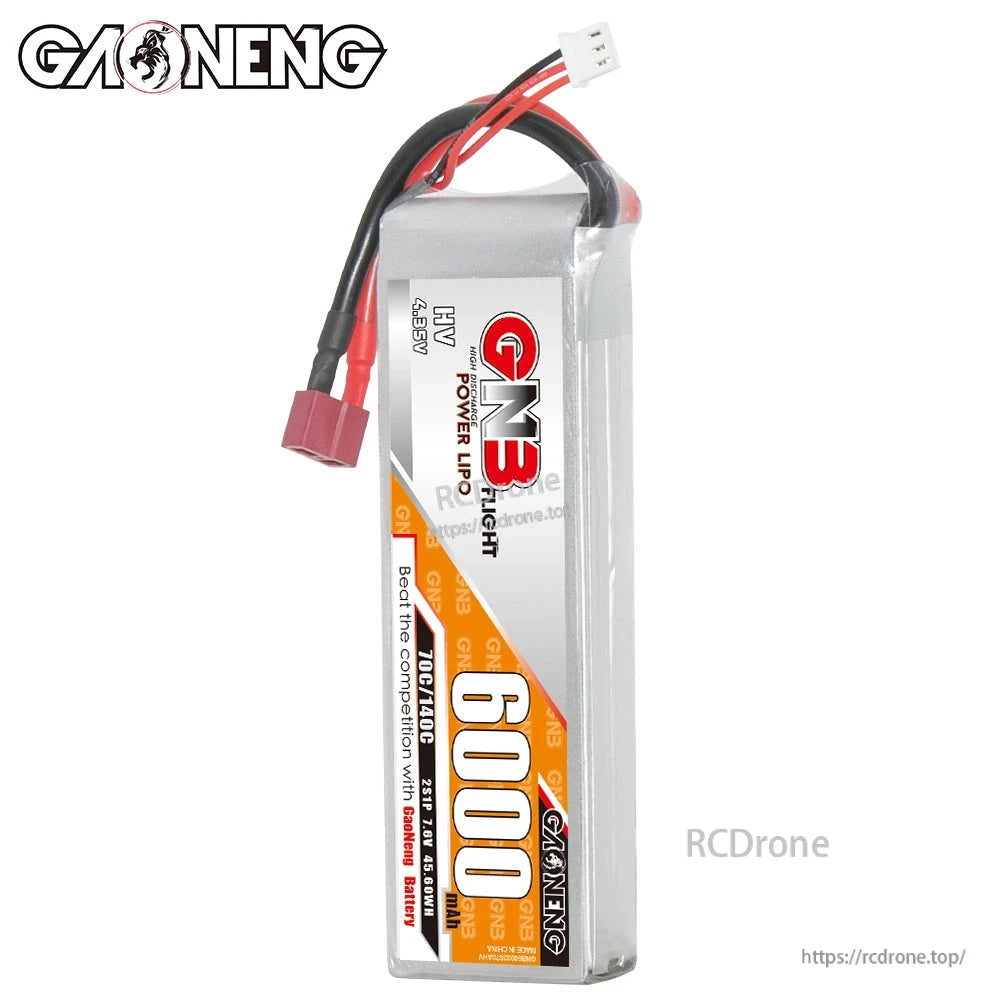 Side view of GNB HV LiPo battery showing thickness and lead exit with T-plug and white balance connector