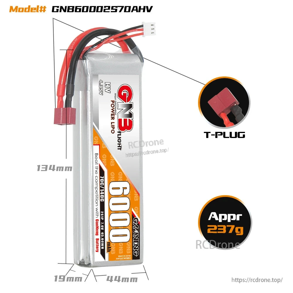 Battery dimensions and T-plug connector detail graphic, approx 134 x 44 x 19 mm and 237 g weight