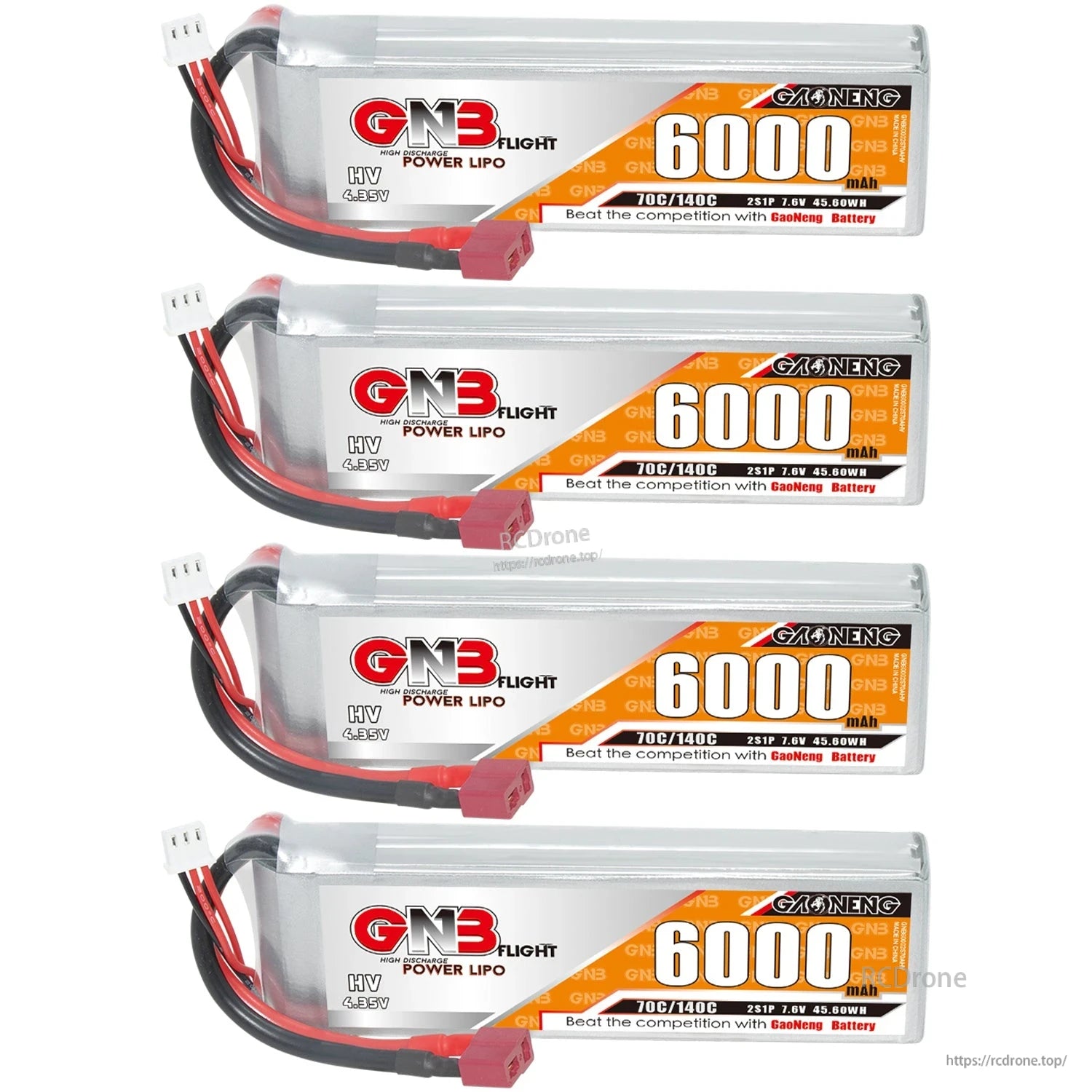 Four GNB HV 6000mAh LiPo batteries arranged in a row, labels facing forward