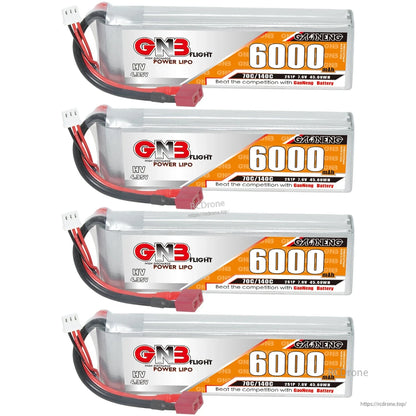 Four GNB HV 6000mAh LiPo batteries arranged in a row, labels facing forward