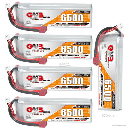 Four GNB 6500mAh packs plus one upright side-view battery showing wire leads and connectors