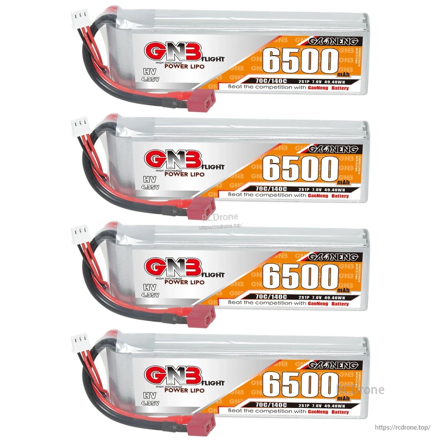 Four GNB 6500mAh LiHV battery packs displayed in a set, labels facing forward