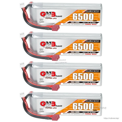 Four GNB 6500mAh LiHV battery packs displayed in a set, labels facing forward