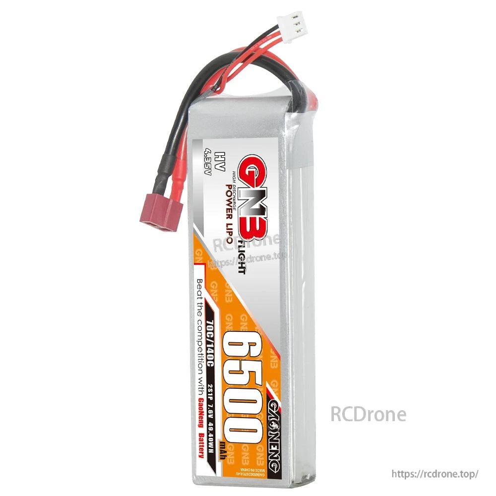 Side view of GAONENG GNB 6500mAh LiHV LiPo battery showing T-plug and white balance connector