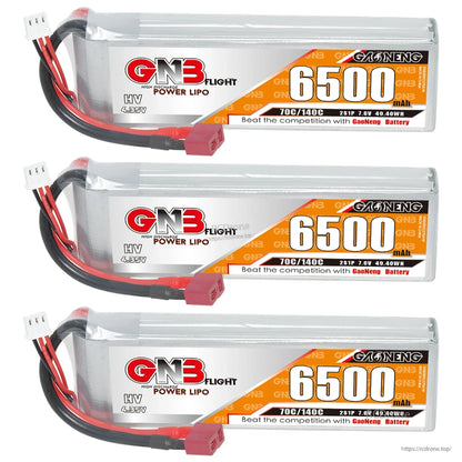 Three GNB 6500mAh 2S LiHV LiPo battery packs lined up, showing labels and T-plug leads