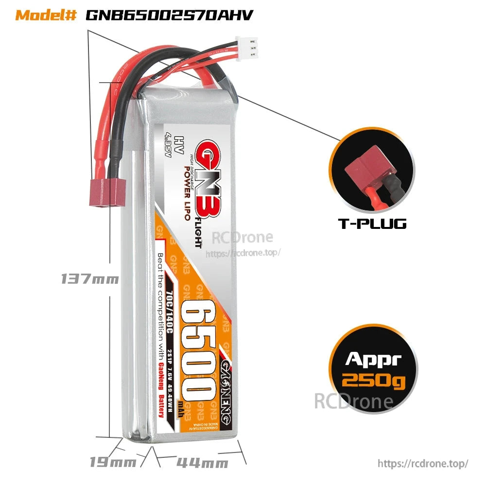 GNB 6500mAh pack dimensions diagram with T-PLUG connector close-up and approx. 250g note