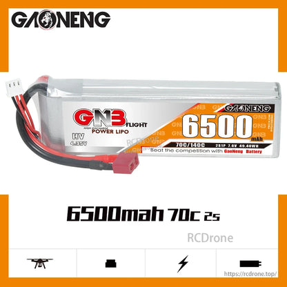 GNB 6500mAh 70C 2S LiHV battery graphic showing 7.6V rating and pack label