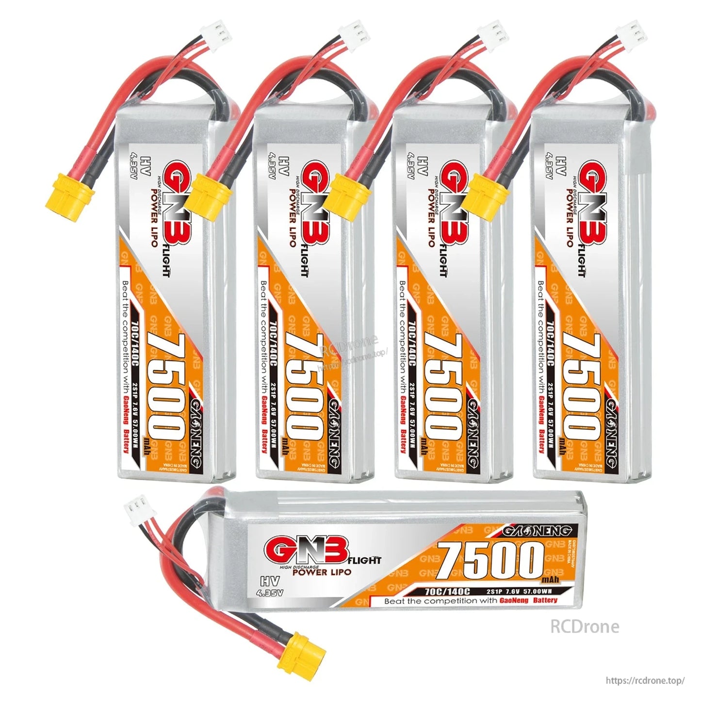 Five GNB 7500mAh LiHV batteries set: four upright plus one horizontal, all with XT60 plugs