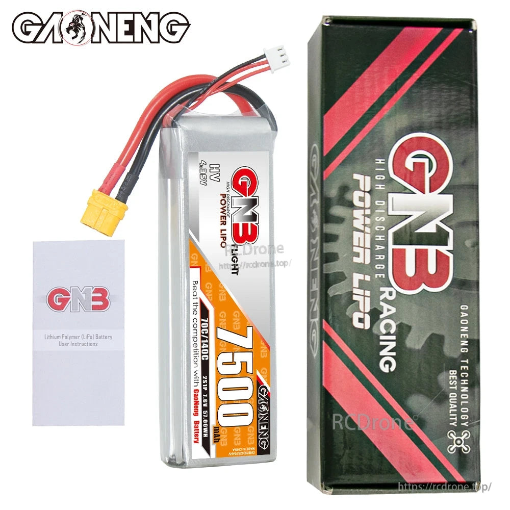 Package contents: GNB 7500mAh battery, retail box, and LiPo user instructions booklet