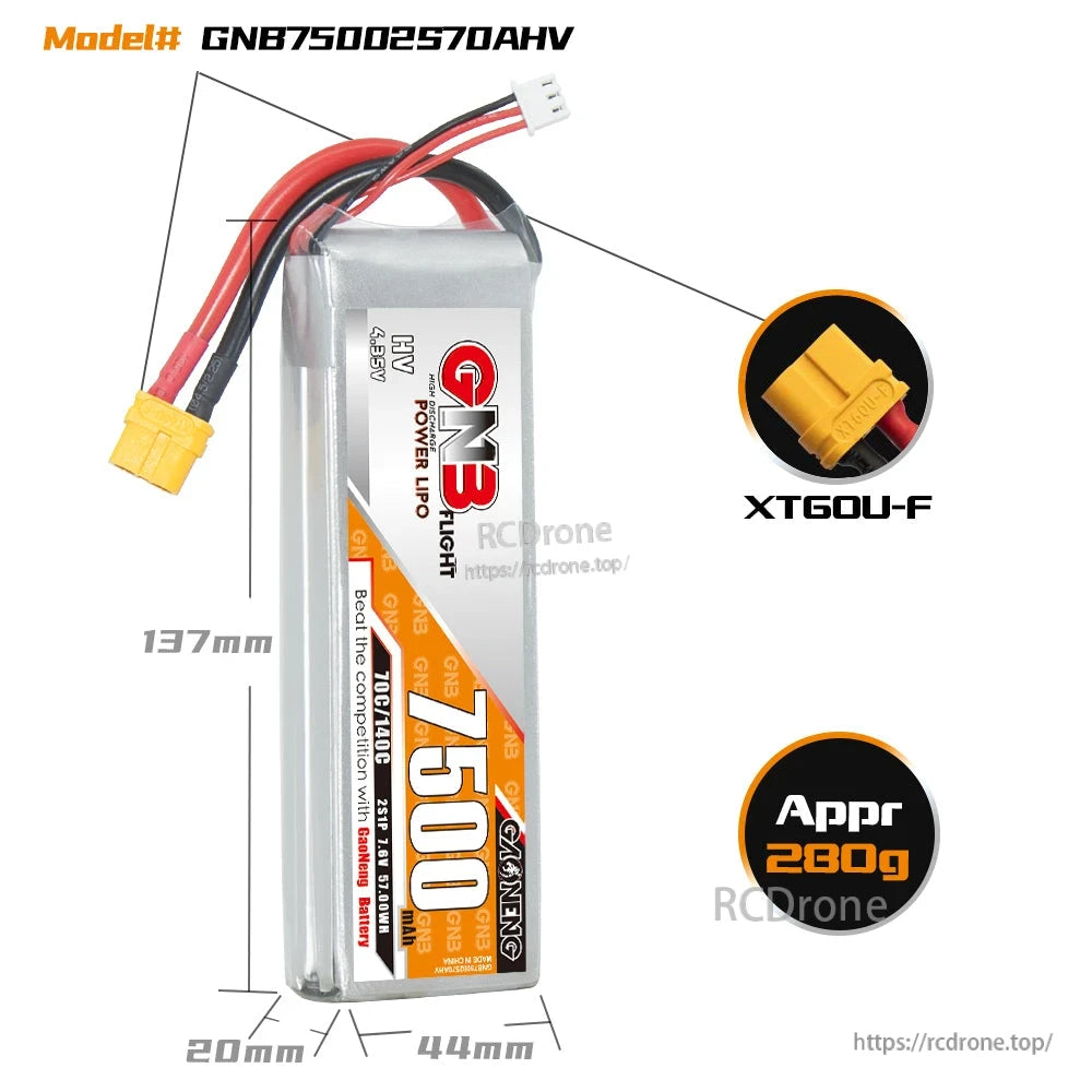 Battery dimensions diagram (137 x 44 x 20 mm) with XT60U-F connector close-up, approx 230g