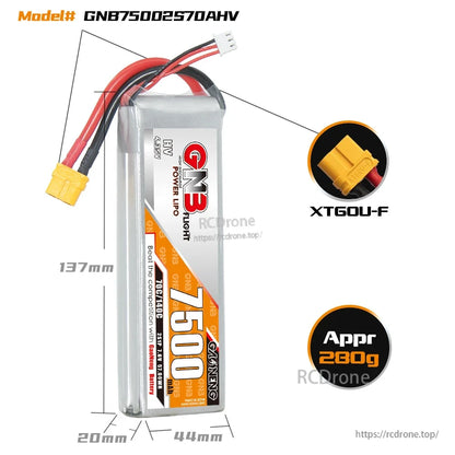 Battery dimensions diagram (137 x 44 x 20 mm) with XT60U-F connector close-up, approx 230g