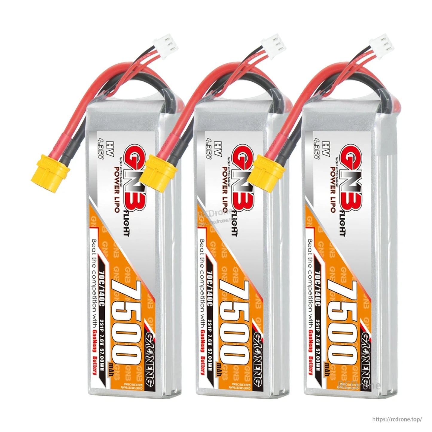Three GNB 7500mAh HV 2S LiHV LiPo batteries lined up, each with XT60 connector