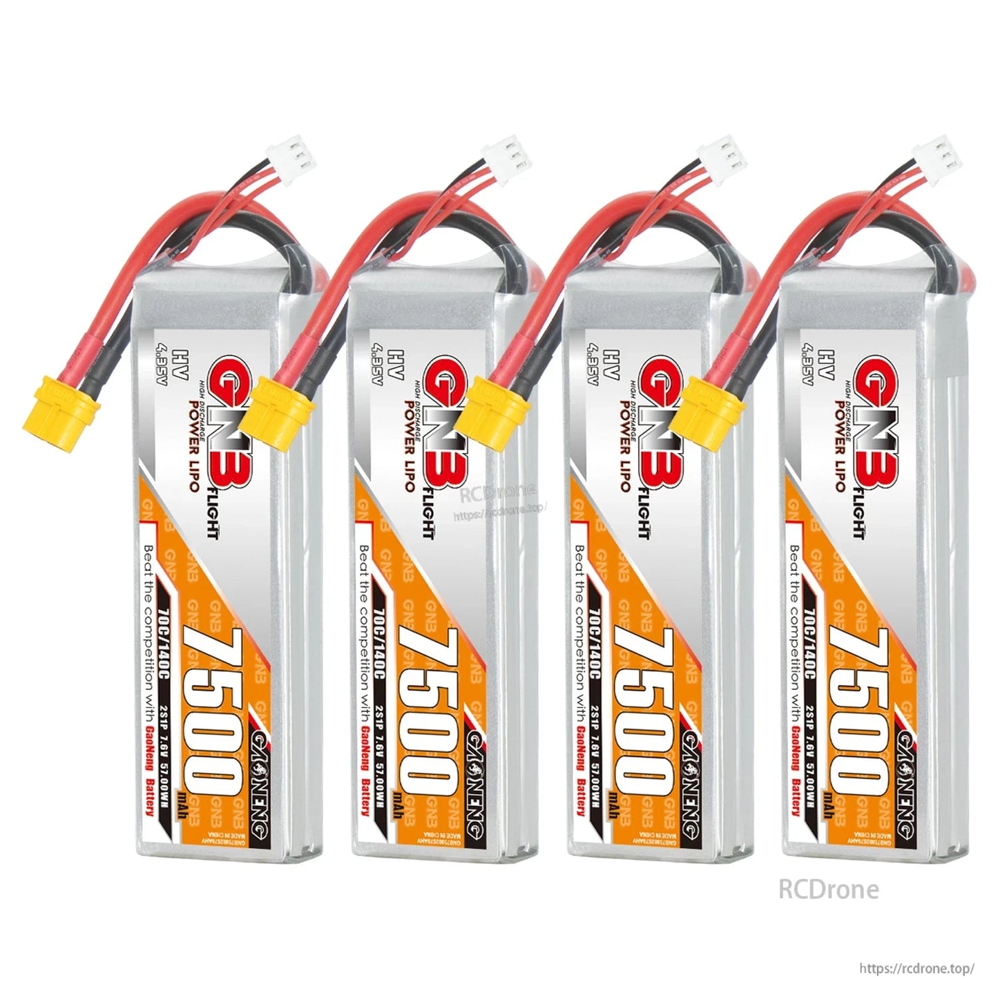 Four GNB 7500mAh 2S LiHV LiPo batteries standing side by side with XT60 leads