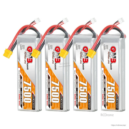 Four GNB 7500mAh 2S LiHV LiPo batteries standing side by side with XT60 leads