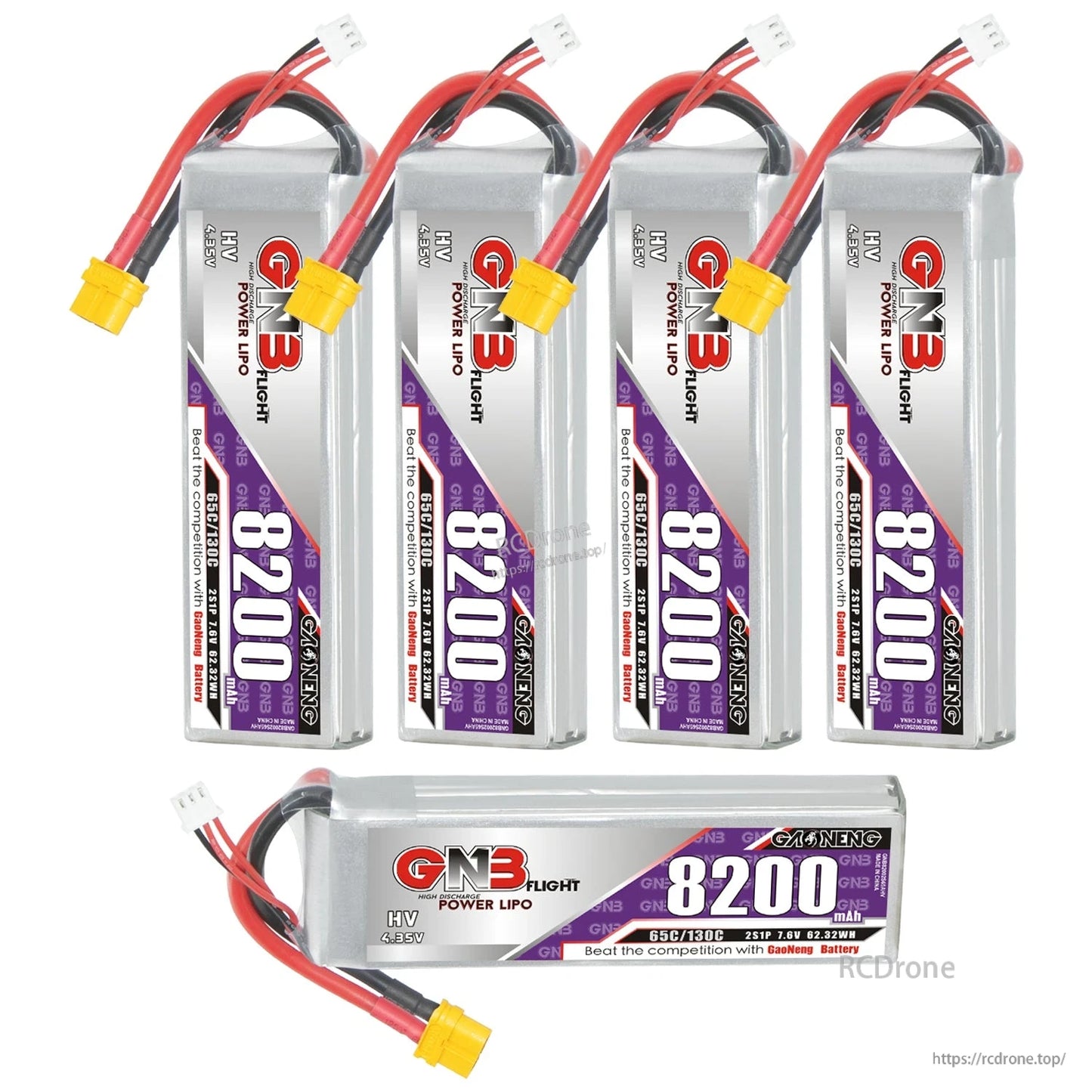 Four batteries upright plus one battery laid flat, showing label side and cable layout